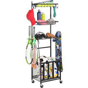 PLKOW Sports Equipment Storage for Garage, Indoor/Outdoor Sports Rack for Garage, Ball Storage Garage Organizer with Basket and Hooks,Toy/Sports Gear Storage (Black, 17.2"L x 12.6"W x 59"H)