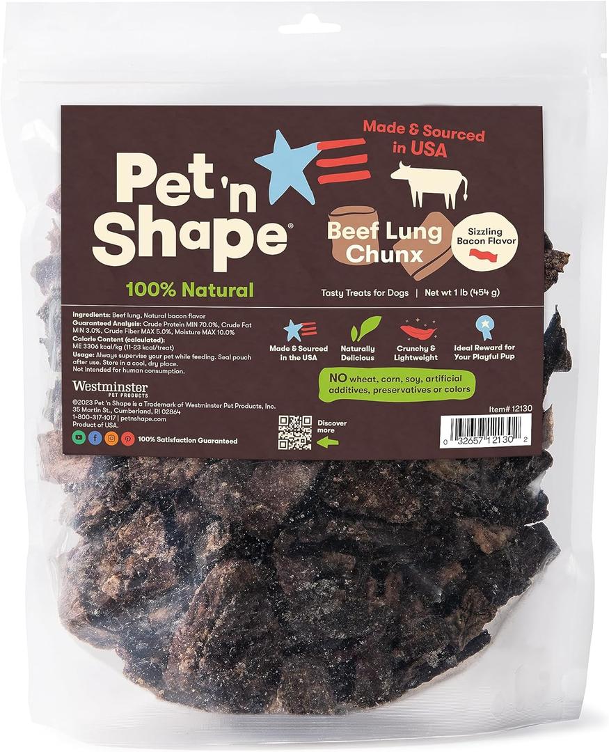 Pet 'n Shape Beef Lung Chunx Dog Treats - Made and Sourced in the USA - 16 Ounce (EXP 06/24/26)