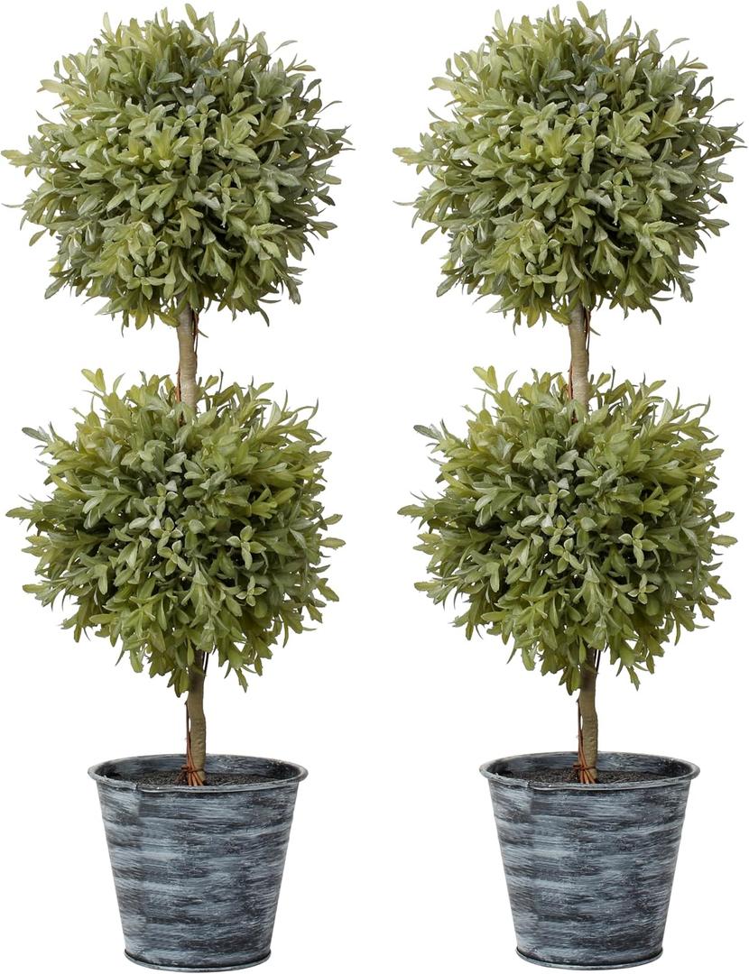 DILATATA 2 Ft Topiary Trees Artificial Boxwood Topiary Galvanized Potted Artificial Plants Indoor Artificial Potted Shrubs for Porch- Artificial Topiary for Outdoors & Indoors Decor - Set of 2