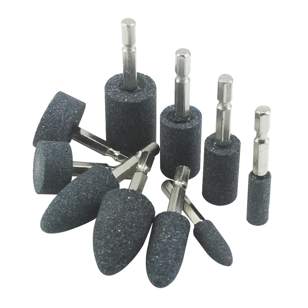 10 Pcs Various Shapes Grinding Stones - 1/4" Hex Shank Aluminum Oxide Mounted Sharpening Bits for Drill, Rotary Tool