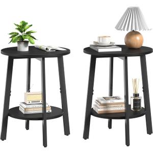 Side Table Set of 2, Small Round End Table with Storage Shelf for Small Space, 2-Tier Black Bedside Table Sofa Couch Table, Nighstands Set of 2 Accent Table for Living Room, Bedroom, Black