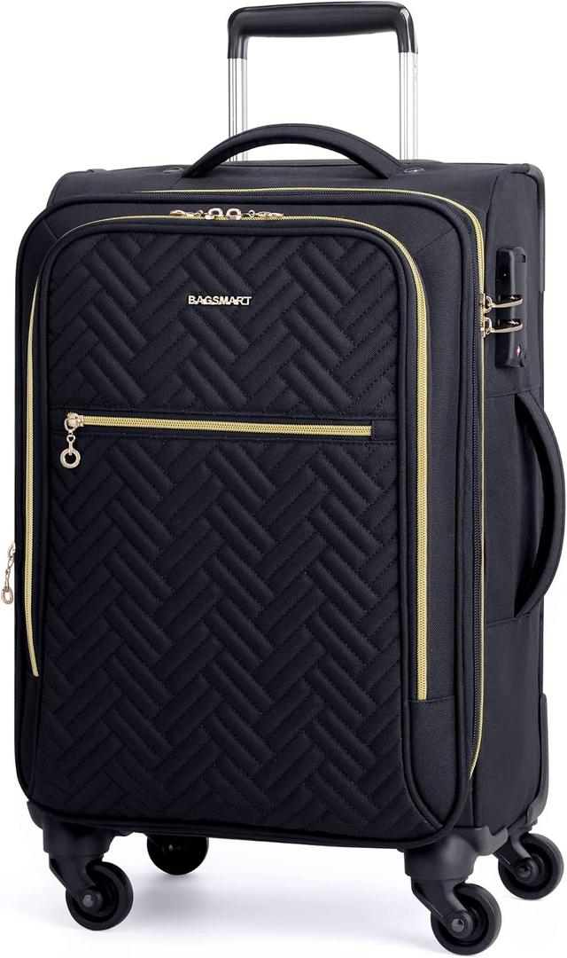 BAGSMART Carry On Luggage 20 Inch,Softside Expandable Suitcase with Spinner Wheels, Luggage 22x14x9 Airline Approved Rolling Lightweight Suitcases for Women Men, Compact Carry-On (Black), Small
