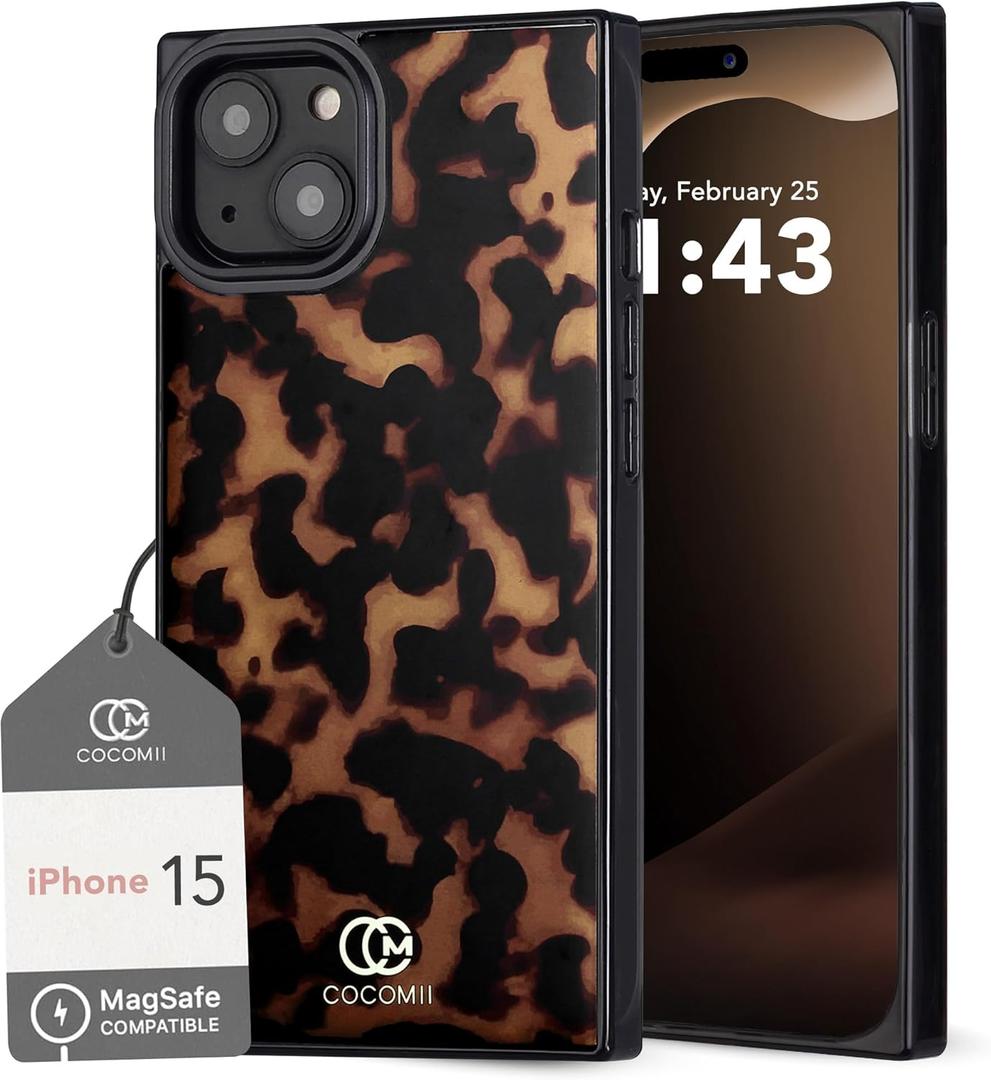 Cocomii - Rectangle Case Compatible with iPhone 15 - Compatible with MagSafe, Tortoiseshell Pattern, Animal Print, Glossy, Magnetic Phone Case for iPhone 15 6.1 inch, Black/Brown