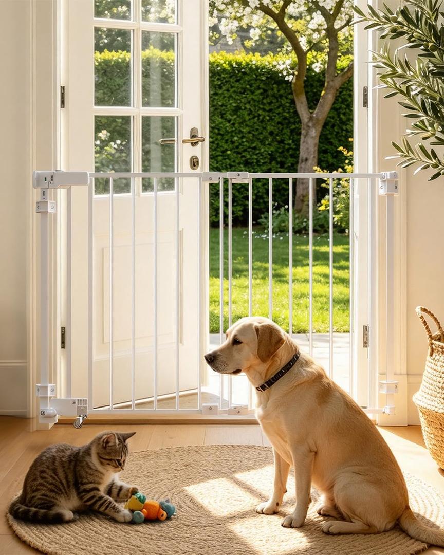 29.7"-45" Baby Gate for Stairs, Metal Pet Dog Gate for Doorways Indoor, 2 Installation Positions, Hardware Mount, 29.1”H Walk Through Safety Child Gate for Kids Toddler, White