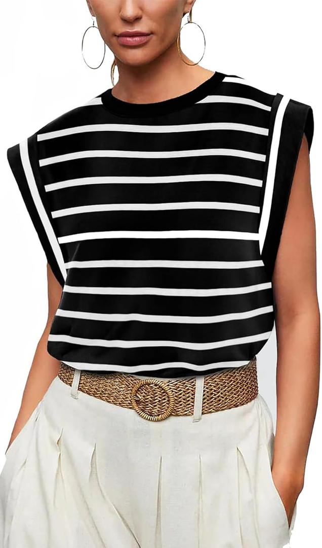 Cap Sleeve Tops for Women Summer Tank Top Basic Tee Shirts Casual Loose Fit 2025 Fashion (Medium, Shirt-black Striped)