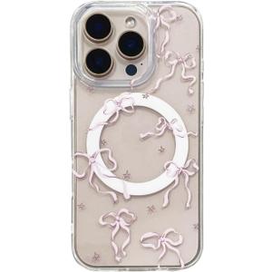 Magnetic Pink Bow Glitter Clear Case for iPhone 16 Pro 6.3[Compatible with MagSafe],Aesthetic Trendy Cute Star Y2K Bling Anti-Yellow Stylish Protective Cover for iPhone 16pro 6.3"