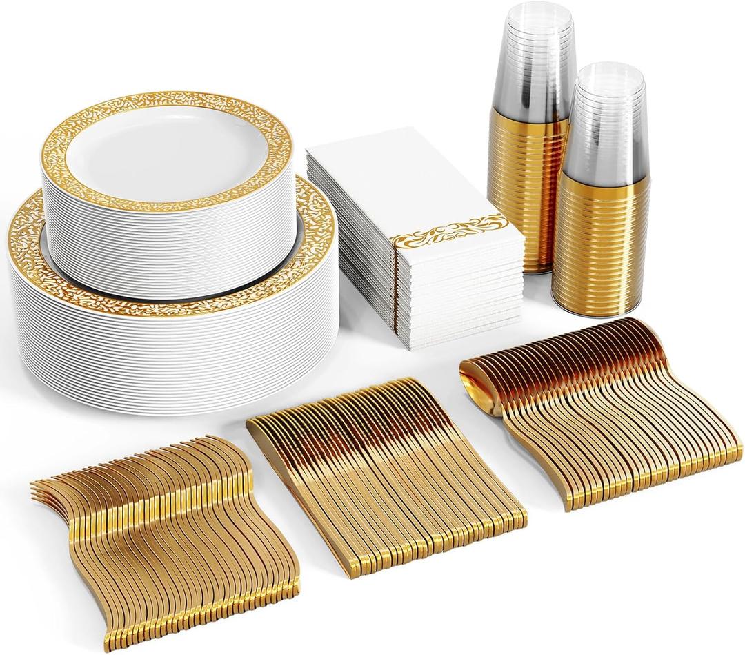 FOCUSLINE 350 Ct Gold Dinnerware Set for 50 Guests, Gold Lace Plastic Plates Disposable Heavy Duty, Including 50 Dinner & Dessert Plates, Cups, Napkins, Cutlery Set