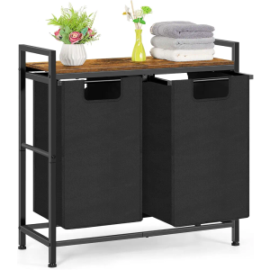 Laundry Basket 2 Section Laundry Hamper with Wooden Shelf and 2x45L Removable Laundry Sorter Bags Double Clothes Hamper for Laundry Room Bathroom Dorm Oxford Fabric Metal Frame, Rustic Brown and Black