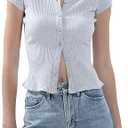 Ribbed Button Down T Shirts for Women Short Sleeve Going Out Tops Cropped Fitted Knit Blouses S