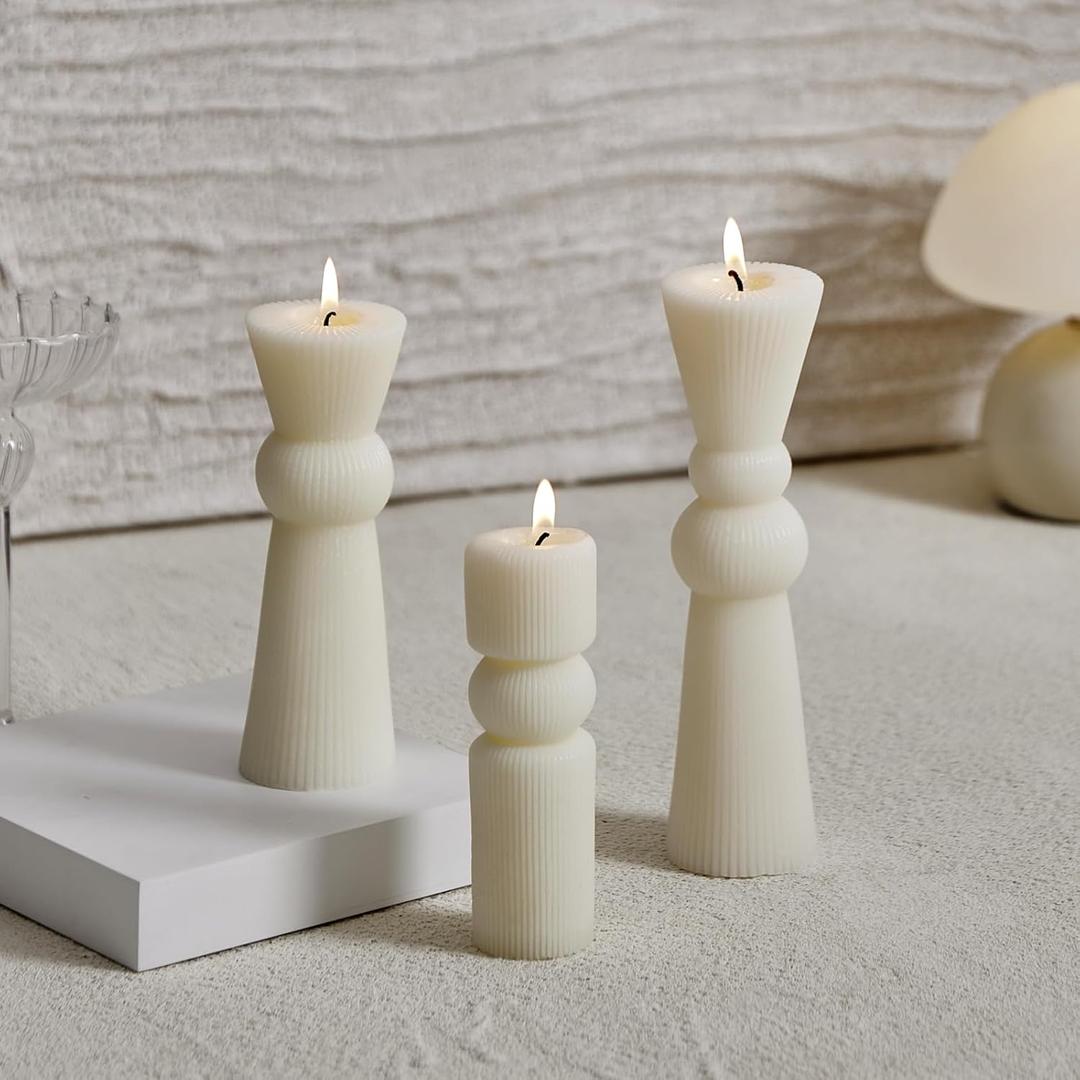 3 Pcs Soy Wax Pillar Candles Set - Handmade Ribbed Design for Modern Home Decor, Housewarming Gift, Room & Shelf Aesthetic Decoration, Long-Lasting Burning (White)