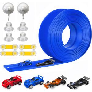 Flexible Race Track For Kids Starter Set - 20FT Flex Race Car Ramp Track with Strong Suction Cups, Rolls Up Portable DIY Racetrack Compatible with Hot Wheels & Diecast 1/64 Th Cars (Blue)