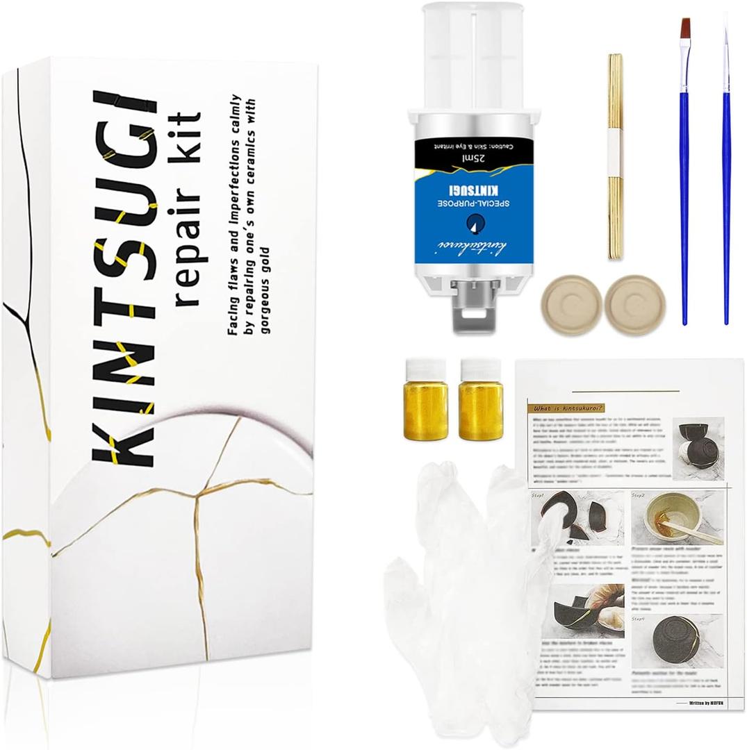 Kintsugi Repair Kit Gold, Japanese Kintsugi Kit to Improve Your Ceramic, Repair Your Meaningful Pottery with Gold Powder Medium, Perfect for Beginners Restoring Meaningful Gifts