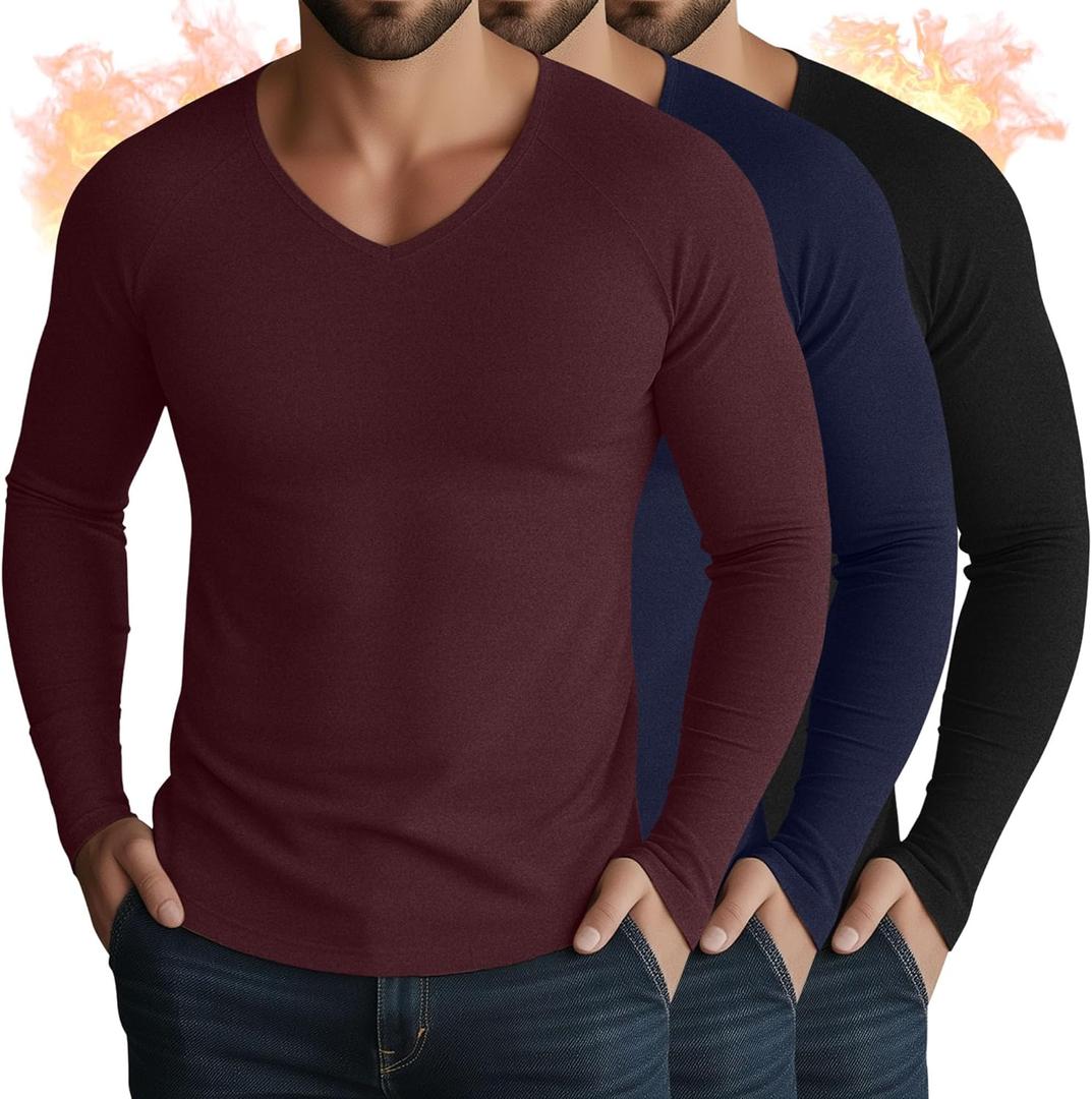 3 Pack Men's Thermal Shirts Big and Tall Fleece Lined Long Sleeve V Neck Base Layer Raglan Curved Hem Warm Tops (XXL)