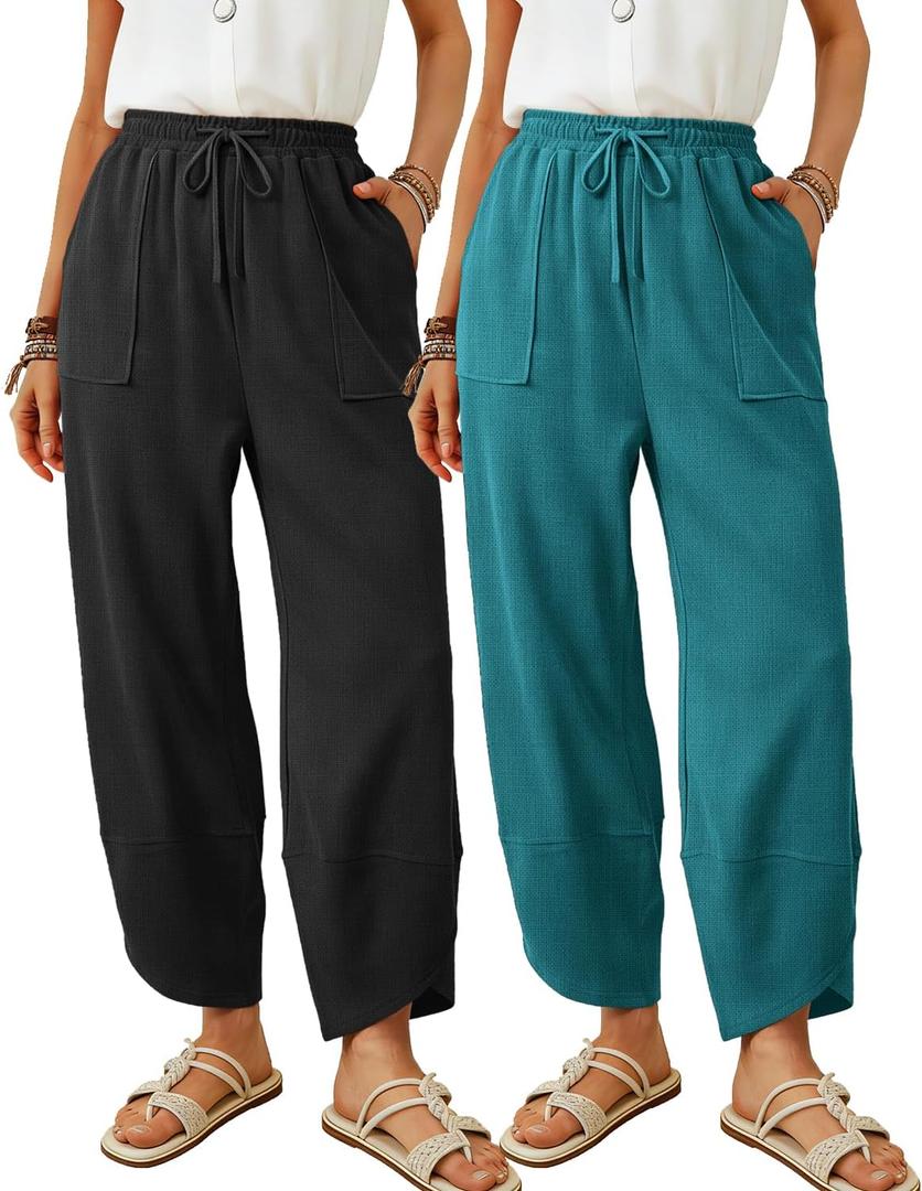 2 Pack Cotton Wide Leg Pants Women High Waisted Cropped Palazzos Summer Beach 2026 Casual Trousers HPM (L)