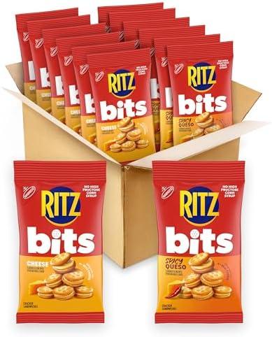 RITZ Bits Cheese and Spicy Queso Cheese Sandwich Crackers Variety Pack, Snacks for Kids and Adults, Lunch Snacks, 12-3 oz Bags, Best By: 22/JUN/2026