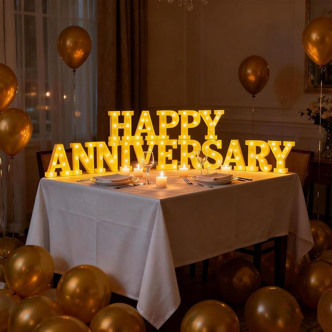 Honoson 16 Pcs Happy Anniversary Decoration Light up Letters Sign Wedding Anniversary Party Light LED Neon Table Decoration for Valentine's Day Wedding Romantic Party Decor (Yellow)