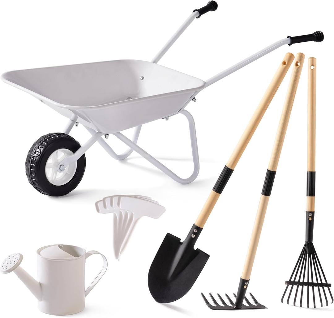 ROBUD Kids Gardening Tools Outdoor Toys Set Backyard Play with Kids Wheelbarrow-9pcs Metal Toddler Wheelbarrow, Garden Tools, Watering Can, Plant Labels for Ages 3+ (Grayish White)