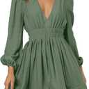 FAIABLE Mini Deep V Sexy Long Sleeve Dress for Women A-line High Waisted Casual Flowy Dress for Cocktail Wedding Guest L