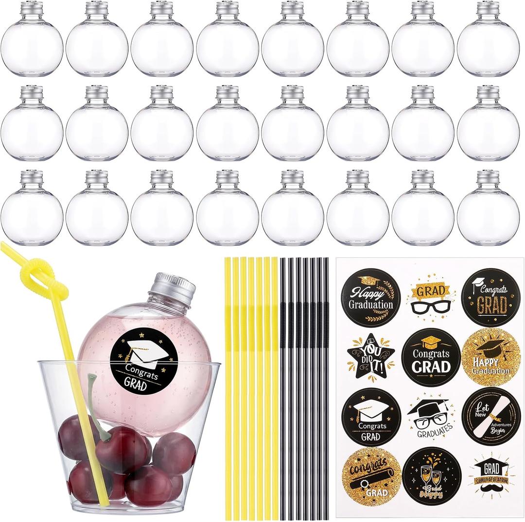 LemonRoad 20 Set 20 Set Graduation Balls Refillable Drink Ball with Graduation Themed Stickers and Straws Spherical Plastic Potion Bottle Plastic Fillable Ornament Balls for Class of 2026 Party