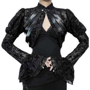 Yyxclotic Women Gothic Crop Top Shirt Y2K Black Bell Sleeve Shawl Cardigan Punk Bolero Shrug (Small)