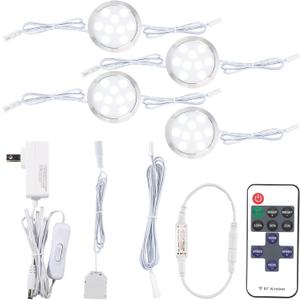 LED Closet Lights Kit, Linkable Wired Puck Light, Wireless Remote Control Dimmable, 110V to 12V Wall Plug in Small Round Kitchen Under Cabinet Lighting Fixture, 4 Lights, Cool White