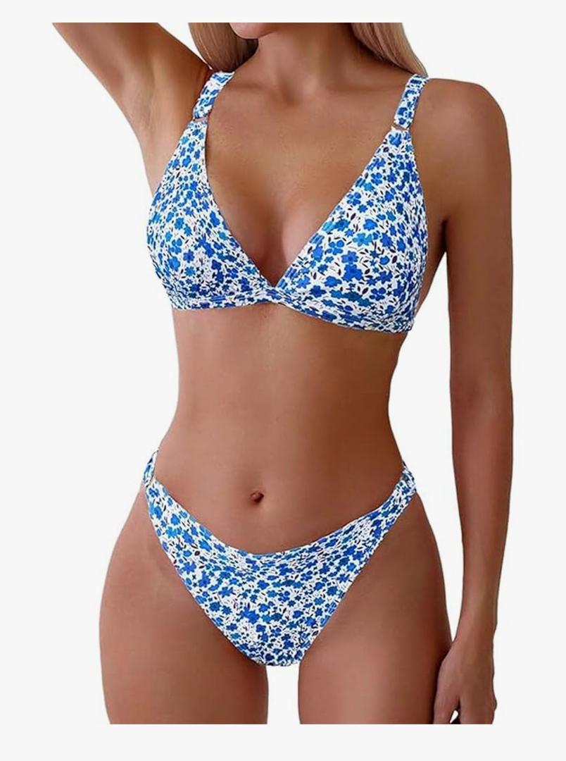 ZAFUL Women's 2 Piece Floral Print Swimsuit Triangle String High Cut Bikini Sets Bathing Suit M