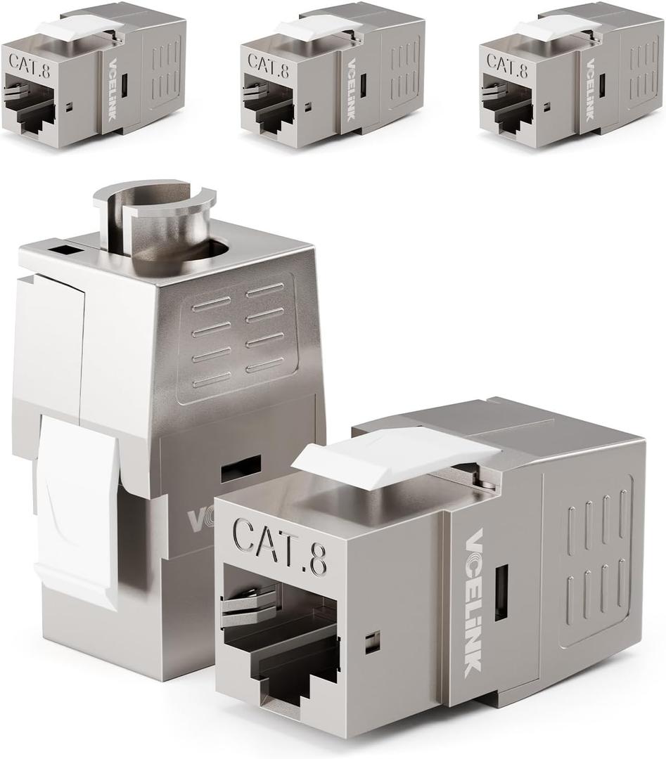 VCE RJ45 Cat8 Shielded Keystone Jack, 40Gbps 180-Degree Easy Toolless Modular Jack PoE for 22 to 24 AWG Solid or Stranded S/FTP Ethernet Cable, Silver, 5 Pack