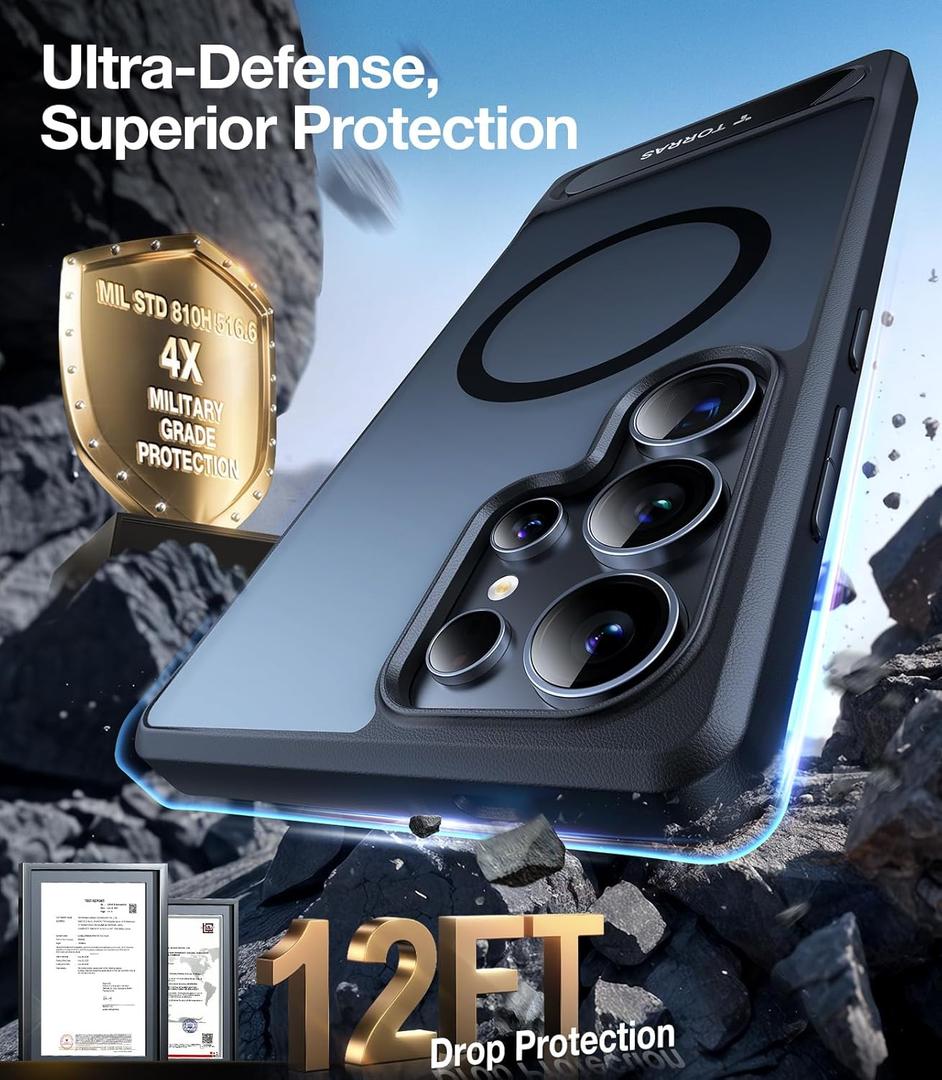 TORRAS Strong Magnetic & Seamless Stand for Samsung Galaxy S25 Ultra Case, Fit for MagSafe, MilGrade Drop Protection, Kickstand for Samsung Galaxy S25 Ultra Case, Translucent Back/Black Edge