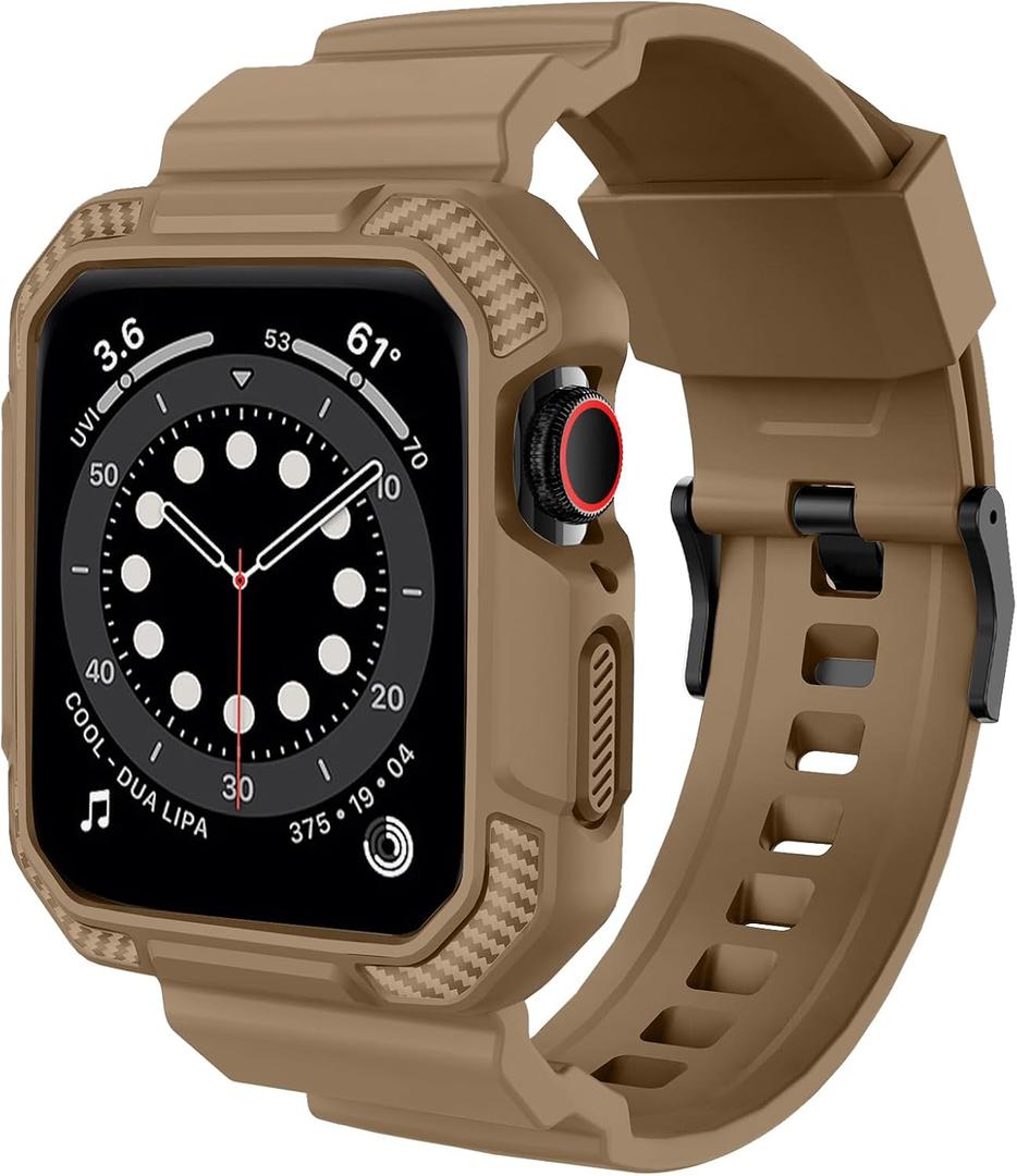 OROBAY Rugged Band Compatible with Apple Watch Band  with Case, Shockproof Strap for iWatch Size: 45mm/44mm/(42mm-series 3 2 1) with Bumper Case Cover Men Women, Desert Tan