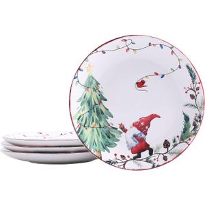 Bico Christmas Gnomes Salad Plates Set of 4, 8.75 Inch Ceramic Dessert Plates for Salad, Appetizer, Side Dishes, Microwave and Dishwasher Safe, Gift for Housewarming and Christmas