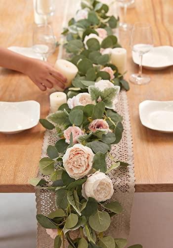 MISSPIN 2pcs Artificial Flowers Garland Spring Eucalyptus Garland Vintage Fake Flower Peony Rose Vine Greenery Decorative Wall Hanging Plant for Wedding Arch Door Arrangement Party Decor