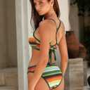ZAFUL O Ring Bikini Sets for Women Lace Up Swimsuits High Cut Swimwear Contrast Stripe 2 Piece Bathing Suits (Green, L)