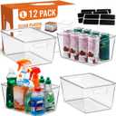 12 PACK LARGE Clear Storage Bins with Handles & Labels, Multiuse Plastic Pantry Organizer Bins for Home Kitchen, Fridge, Freezer, Cabinet, Closet, Bathroom, Shelf, Laundry, RV, Under Sink Organization