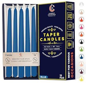 Deep Blue 10 Inch Taper Candles - Pack of 12 Premium Unscented, Dripless & Smokeless Hand-Dipped Candles for Birthday, Wedding or Dinner Decorations and Formal Candlelighting