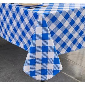 Vinyl Tablecloth with Flannel Backing Rectangle Waterproof Oil-Proof Plastic Table Cloth Stain-Resistant Wipeable Table Cover for Indoor and Outdoor (Blue Checkered, 60 x 102 Inch)