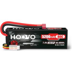 HOOVO 2S 7.4V 80C 5200mAh LiPo Battery Pack Hard Case with T Plug Connector for RC Buggy Vehicles Car Boats Trucks Duratrax