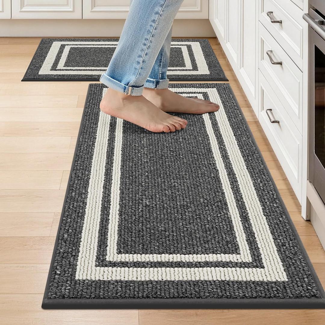COSY HOMEER Kitchen Rugs Non-Slip 20x30/20x48 Inch Thick Polypropylene Standing Mat for Home Machine Washable, Black Frame Black White, 20"x30"+20"x48"