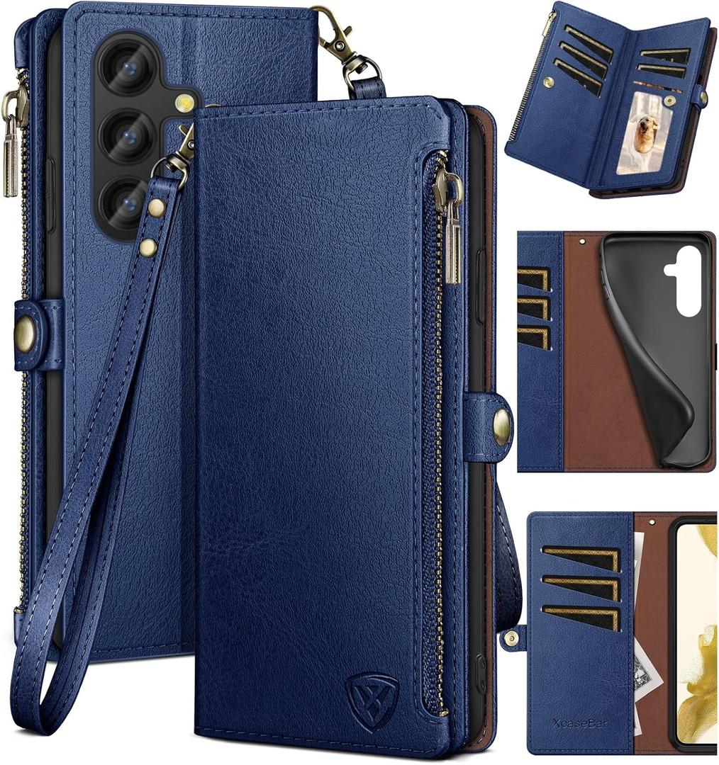 XcaseBar for S24 5G Wallet case with Zipper Credit Card Holder RFID Blocking,Flip Folio Book PU Leather Shockproof Protective Cover Women Men for S24 Phone case Blue