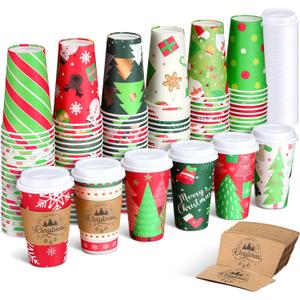 48 Sets/144 Pcs 16 oz Christmas Disposable Coffee Cups with Lids and Sleeves Red and Green Paper Cups for Merry Christmas Party 12 Designs Xmas Dinner Coffee Drinking Hot Cocoa Winter Holiday