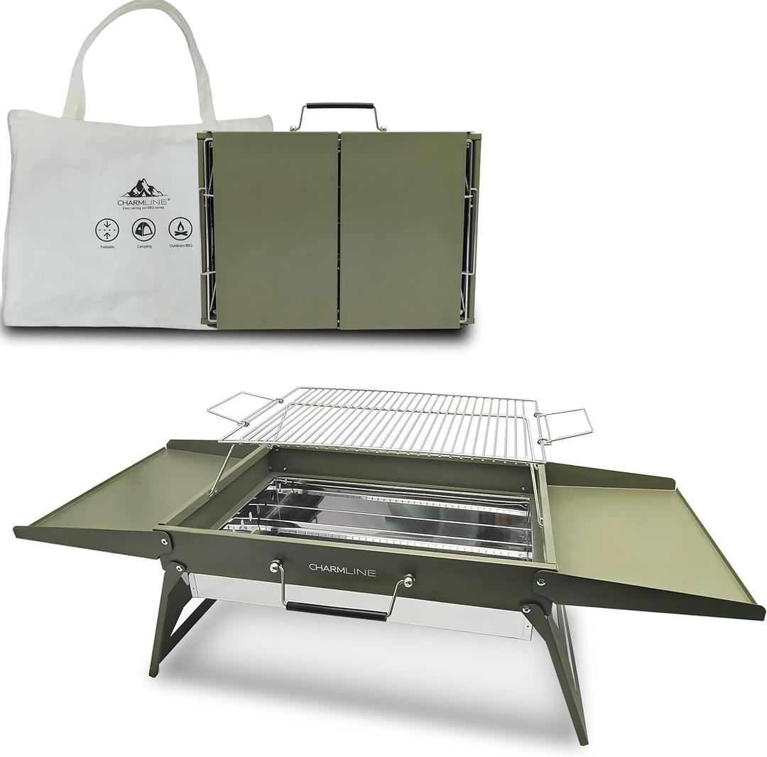 Charmline 20 x 14 inches Large Foldable Portable Charcoal BBQ Grill, Camping BBQ Grill for 35 People, Ideal for Camping, Garden, Beach, Picnic & Tabletop Use, Green