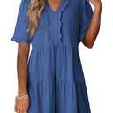 Dokotoo Summer Dresses for Women Short Sleeve V Neck Empire Waist Casual Flowy Swing Sail Blue Dress, Medium