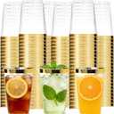 Tebery 100 Pack Clear Plastic Cups Party Glasses, 16Oz Disposable Cup Plastic Tumblers, Elegant Party Tumblers Cups Wedding Cup with Gold Rim, 100 Count