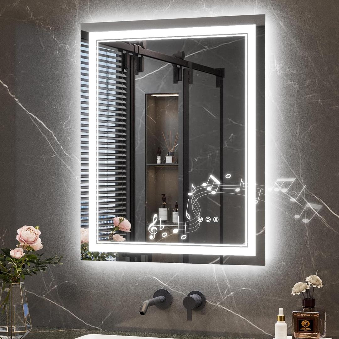 Keonjinn 24" x 30" Lighted Mirrors for Bathroom Wall with Bluetooth Speaker, Frontlit & Backlit LED Bathroom Mirror, Bluetooth Mirror Bathrooms with Dimmable 3-Color Lights, Tempered Glass, Anti-Fog