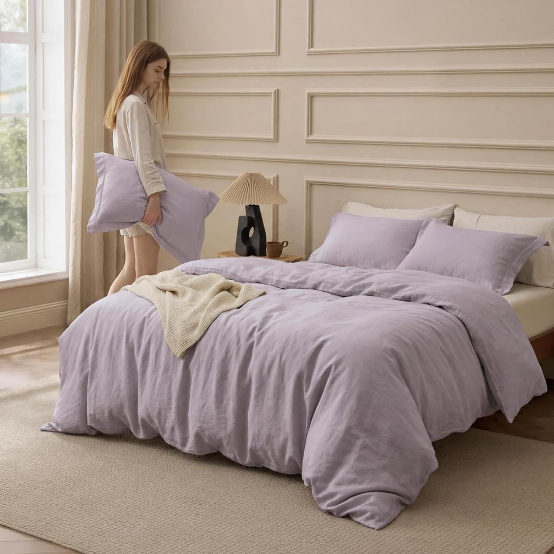 Bedsure 100% Washed Cotton Duvet Cover King Size - Lavender Minimalist Bedding Set Linen Like - PureWoven Plain Simple & Soft Comforter Cover for All Seasons (Lavender, King, 104"x90")