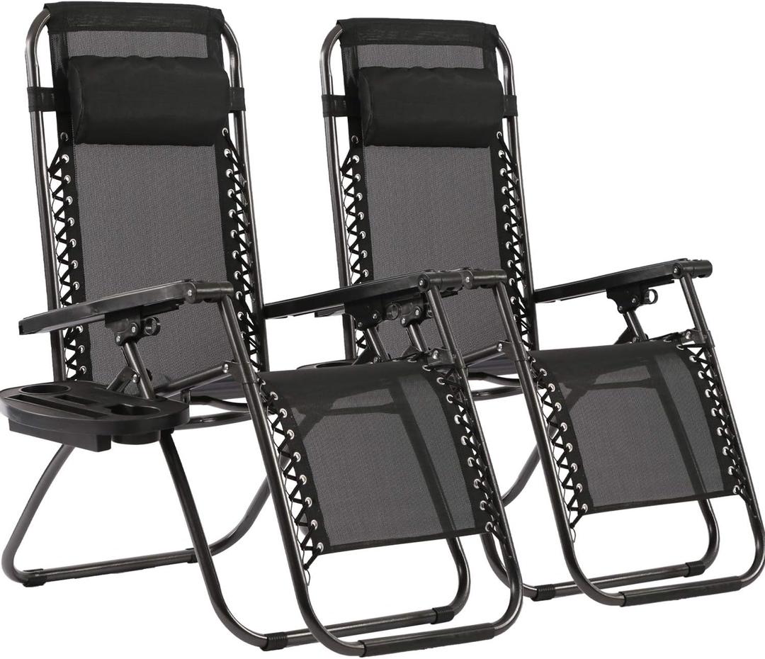 FDW Zero Gravity Lawn Lounge Chairs Set of 2 with Pillow and Cup Holder - Adjustable Reclining Folding Outdoor Chairs for Deck, Beach, Yard (Black)
