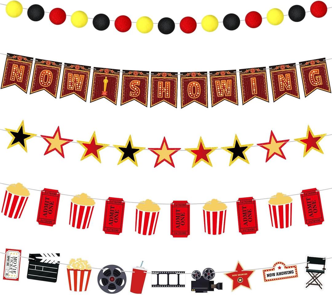 5 Pcs Movie Night Party Decorations Now Showing Banner Hanging Movie Night Theater Party Sign Cinema Birthday Decorations for Home Film Backdrop Baby Shower Birthday Party Supplies