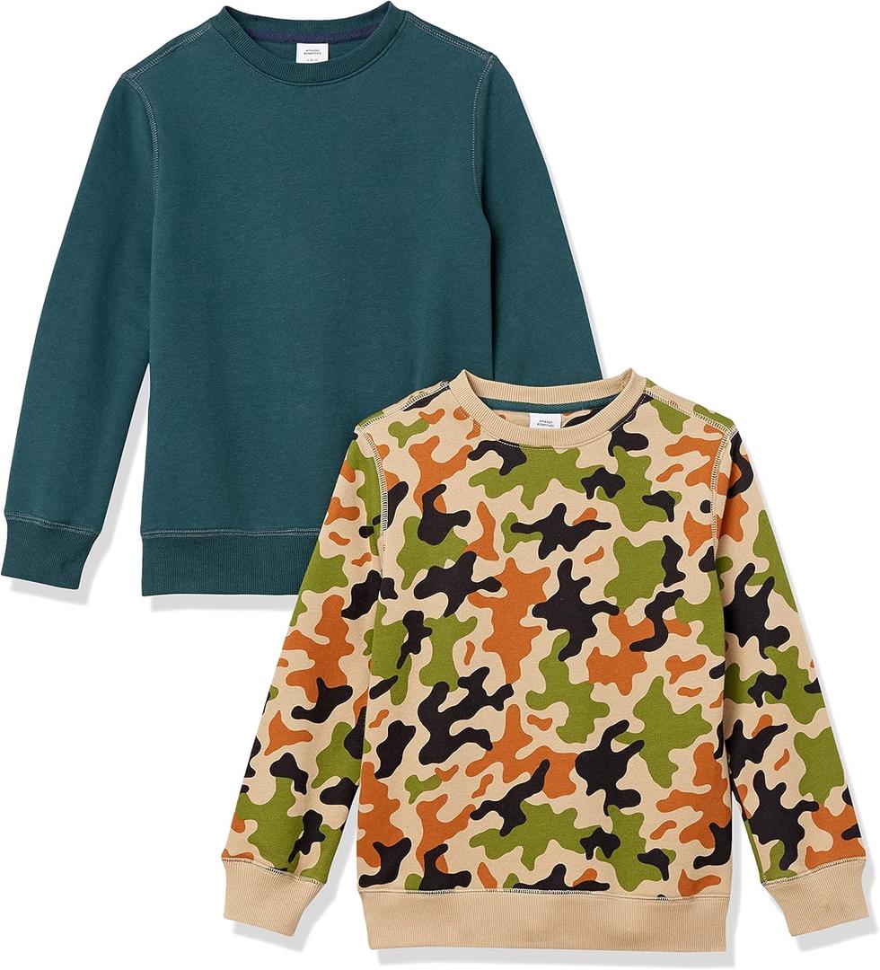 Amazon Essentials Boys' Fleece Crew-Neck Sweatshirts, Pack of 2, Dark Green/ Green Camo, X-Large