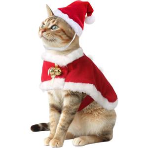 BillionChains Cat Christmas Costume with Santa Hat and Cloak Cat Xmas Outfit for Kitten/Puppies/Home Christmas Decoration