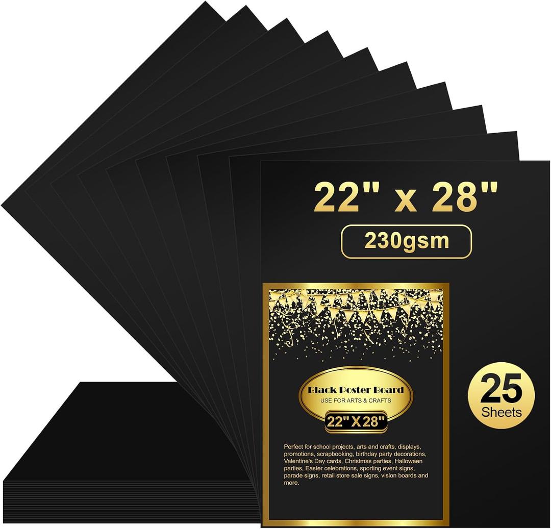 25 Pcs Black Poster Board 22" x 28" Paper Bulk, ROOKEA 250 GSM Vision Poster Boards for School Arts Craft Projects Presentations Drawing Scrapbooking Blank Graphic Display