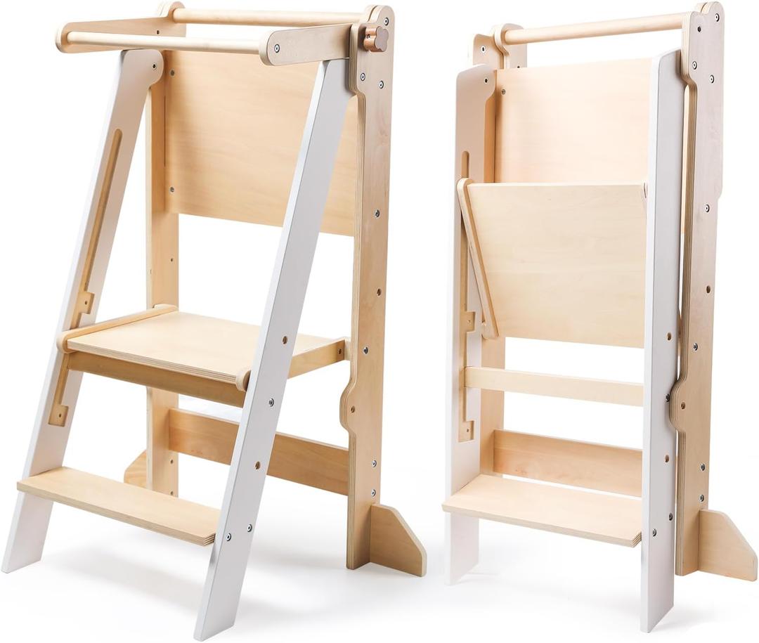 Dorjee Toddler Tower, Kitchen Stool Helper, Foldable Step Stool for Toddlers, Toddler Standing Tower for Kitchen Counter Bathroom Learning New Skills White